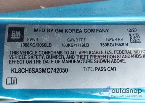 2021 Chevrolet Spark Fwd Activ Automatic из США, поврежденный, VIN KL8CH6SA3MC742050